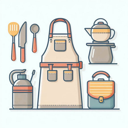 Kitchen utensils and apron. Vector illustration in flat styleのイラスト素材