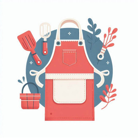 Kitchen apron and kitchen utensils. Vector illustration.のイラスト素材
