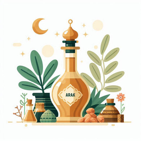 Olive oil bottle with crescent moon and leaves. Vector illustrationのイラスト素材