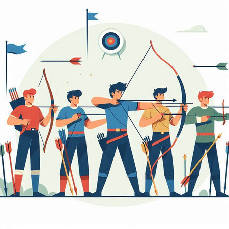 Archery and archery sport vector illustration. People with bow and arrow in flat styleのイラスト素材