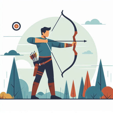 Archery archer aiming with bow and arrow. Flat vector illustration.のイラスト素材