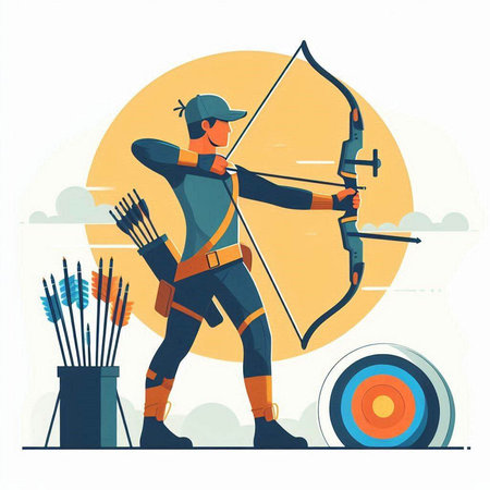 Archery sport vector illustration. Cartoon archery player with bow and arrow.のイラスト素材