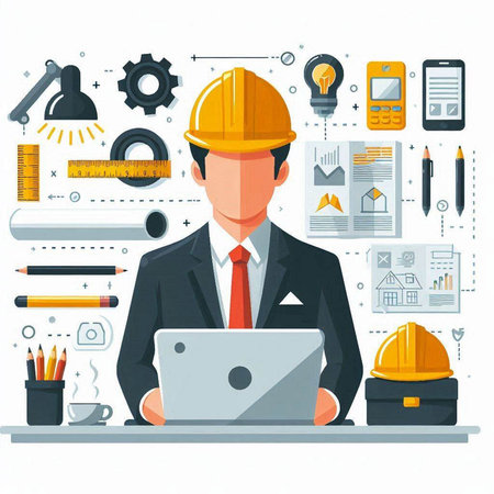 Engineer, architect, engineer, construction worker working with laptop computer. Vector illustration.のイラスト素材