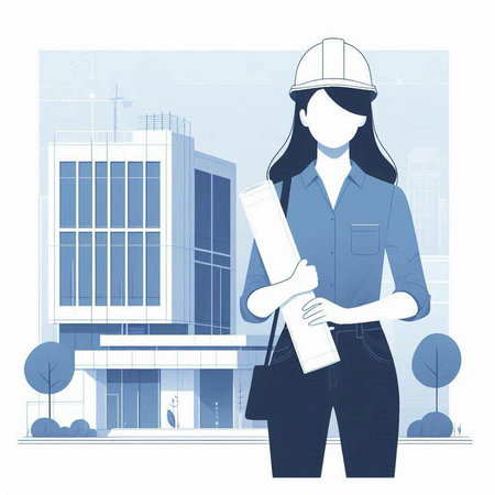 Architect woman with plans on the background of the building. Vector illustrationのイラスト素材