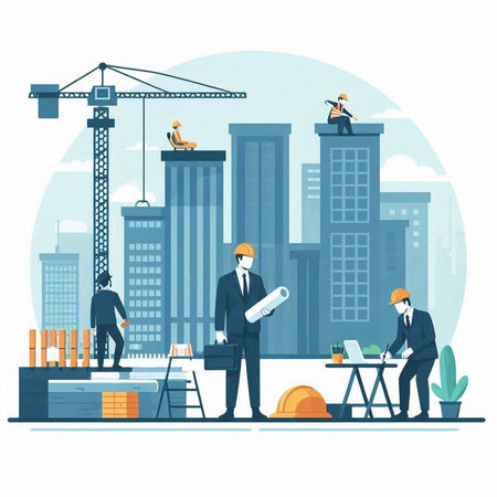 Architects working on a construction site. Vector illustration in flat styleのイラスト素材