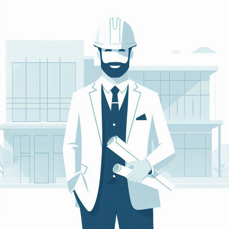 Engineer with helmet and blueprints on the building background. Vector illustration.のイラスト素材