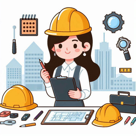 Female architect or engineer with helmet and blueprint on construction site. Vector illustration.のイラスト素材
