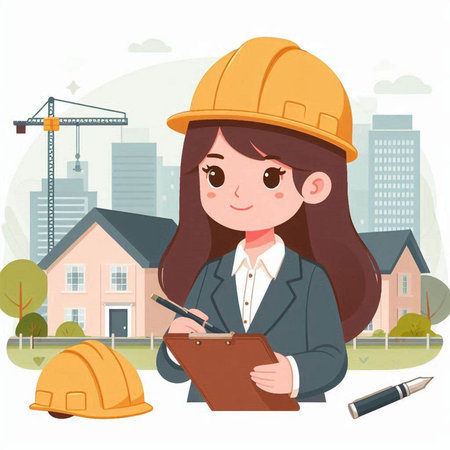 Female construction engineer with clipboard and building on background. Vector illustration.のイラスト素材