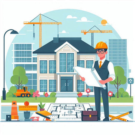 Architect or engineer working on construction site. Vector illustration in flat styleのイラスト素材