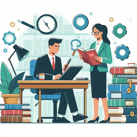 Businessman and businesswoman working together in office, vector illustration.のイラスト素材