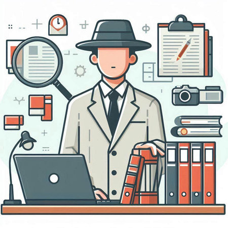 Flat design vector illustration concept of detective working with laptop, magnifying glass and documents.のイラスト素材