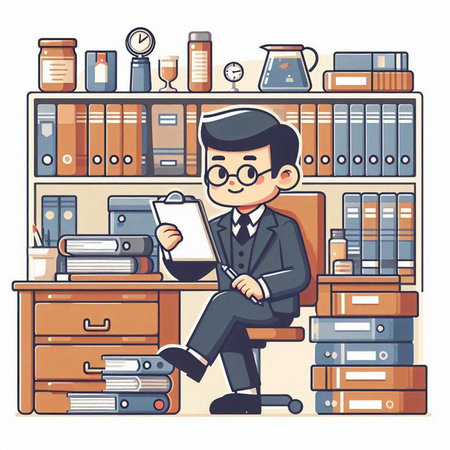 Businessman sitting in the office and holding a clipboard. Vector illustration.のイラスト素材
