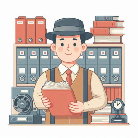 Cartoon detective in a hat with a folder. Vector illustration.のイラスト素材