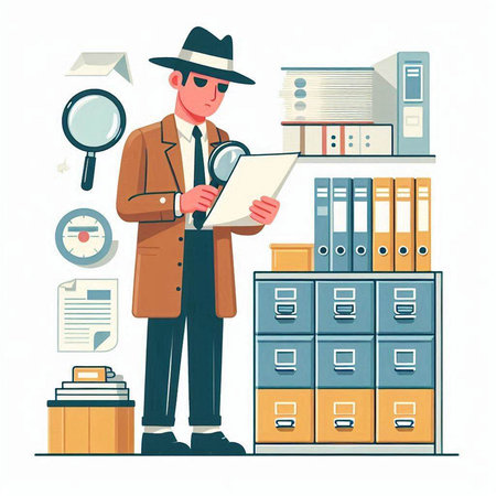 Vector illustration of a man in a hat and coat with documents in his hands.のイラスト素材