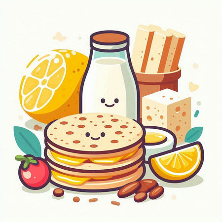 Vector illustration of a stack of pancakes with lemon, honey and nuts.のイラスト素材
