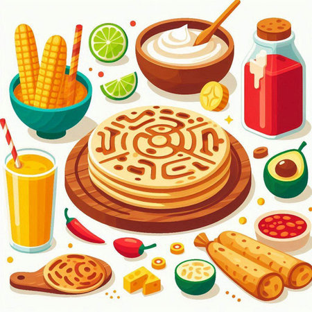 Illustration of a set of different food and drinks on a white backgroundのイラスト素材