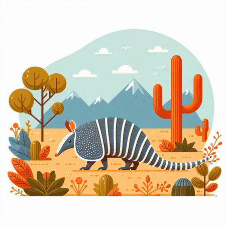 Armadillo in the desert with cacti. Vector illustrationのイラスト素材