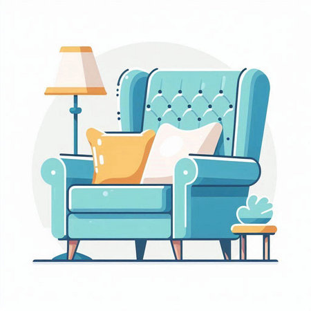 Comfortable armchair with pillows and lamp. Vector illustration.のイラスト素材