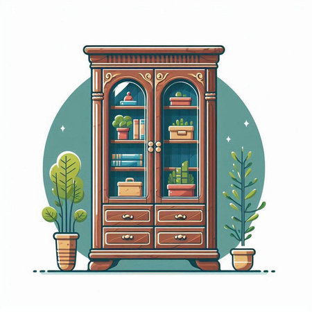 Cabinet with books and plants. Vector illustration in cartoon styleのイラスト素材