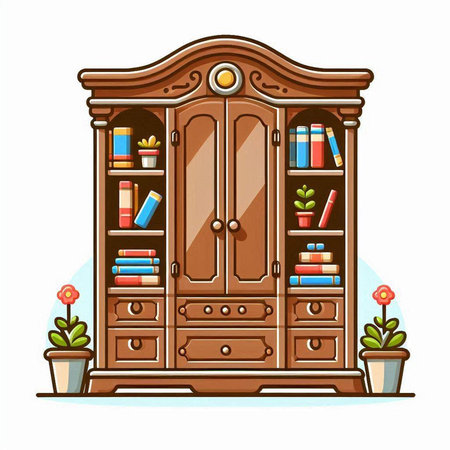Cabinet with books and plants. Vector illustration in cartoon styleのイラスト素材