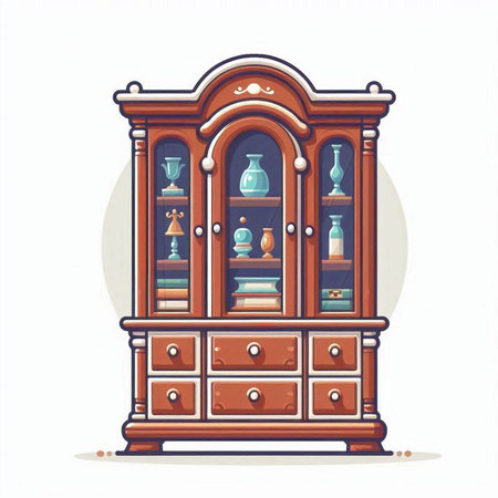Cabinet with books and other objects. Vector illustration in cartoon style.のイラスト素材