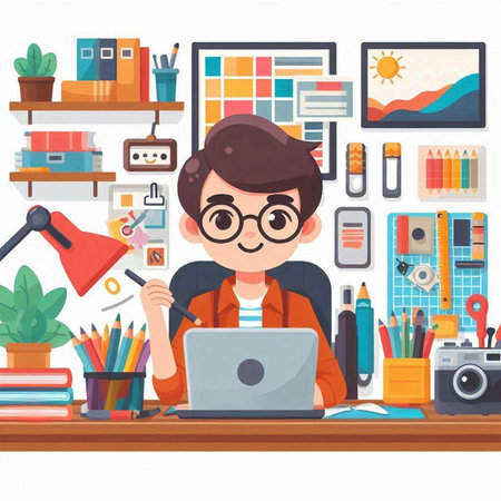 Freelance man working at home. Freelance concept. Vector flat cartoon illustrationのイラスト素材