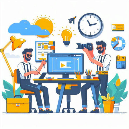 Photographer working on computer in office. Vector illustration in flat styleのイラスト素材