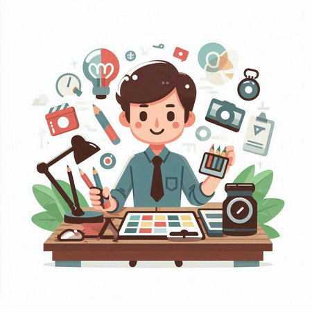 Illustration of a young businessman working at his desk. Vector illustration.のイラスト素材