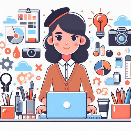 Young woman working on laptop in office. Vector illustration in flat styleのイラスト素材