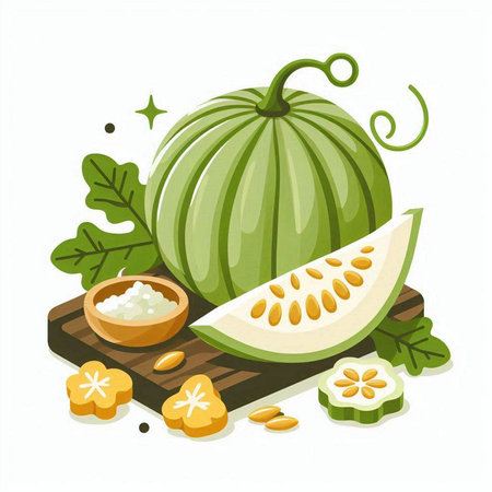 Melon and honeydew on wooden board. Vector illustration.のイラスト素材