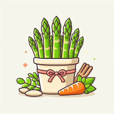 Bunch of fresh green asparagus with carrot and basil. Vector illustration.のイラスト素材