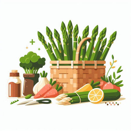 Basket of fresh vegetables. Vector illustration isolated on white background.のイラスト素材