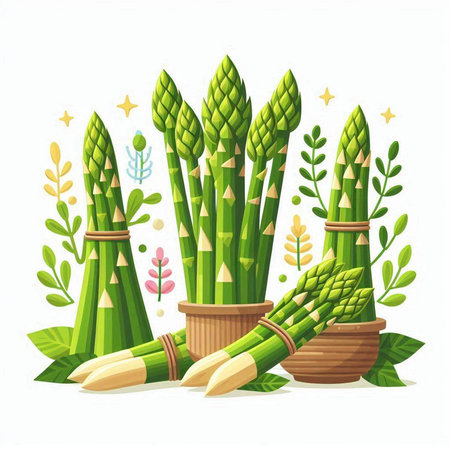 Vector illustration of fresh green asparagus in a wicker basket.のイラスト素材