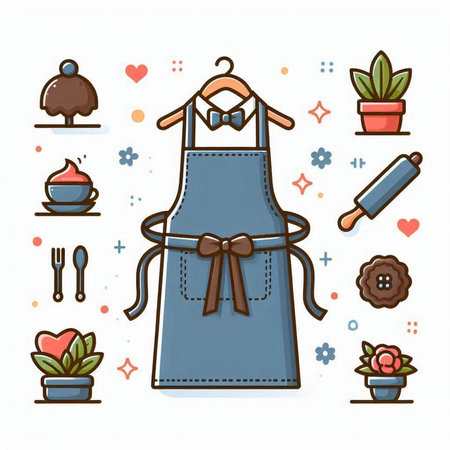 Kitchen icon set in flat line style - apronn, fork and knife, flower pot, cup of tea, cake, heart.のイラスト素材