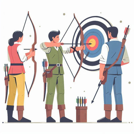 Archery, archery sport, man and woman aiming at target, vector illustrationのイラスト素材