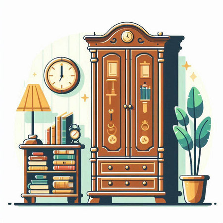 Vector illustration of a living room interior with furniture, bookshelf, clock and plants.のイラスト素材