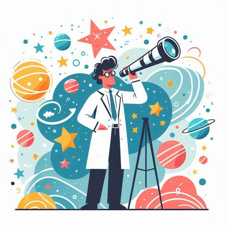 Astronaut or scientist looking through spyglass. Vector illustration.のイラスト素材