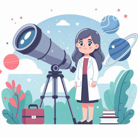 Scientist girl looking through telescope. Vector illustration in flat cartoon styleのイラスト素材
