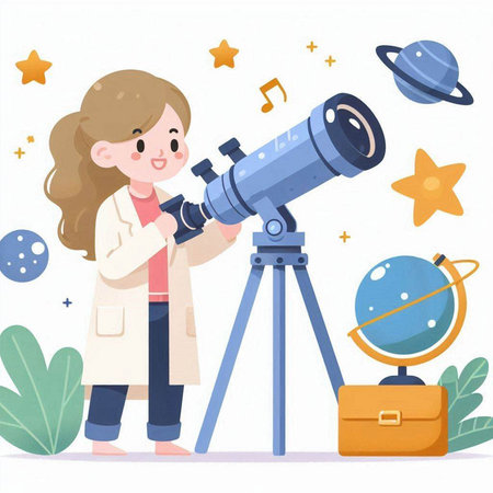 Girl with a telescope and planets. Vector illustration in cartoon style.のイラスト素材
