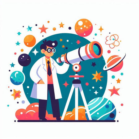 Scientist with telescope. Vector illustration in flat cartoon style on white background.のイラスト素材