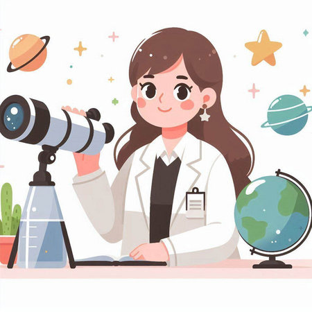 Scientist girl holding a telescope and looking at planets. Vector illustration.のイラスト素材