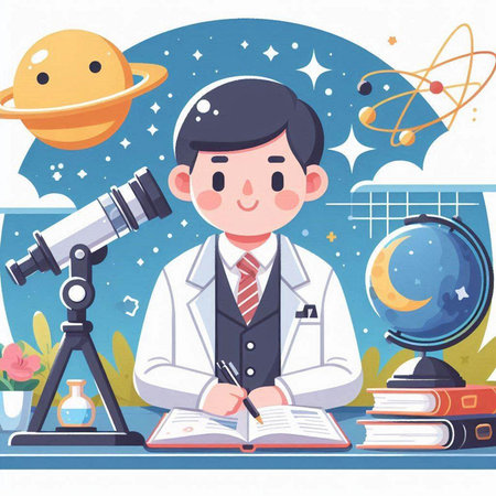 Vector illustration of a young male scientist writing in his notebook and looking through a telescope.のイラスト素材