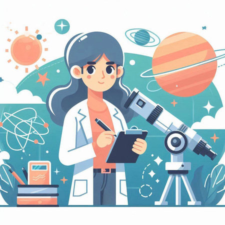 Scientist girl working with microscope and planets in the universe. Vector illustrationのイラスト素材