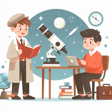 Vector illustration of a teacher and a student in a classroom with a microscopeのイラスト素材
