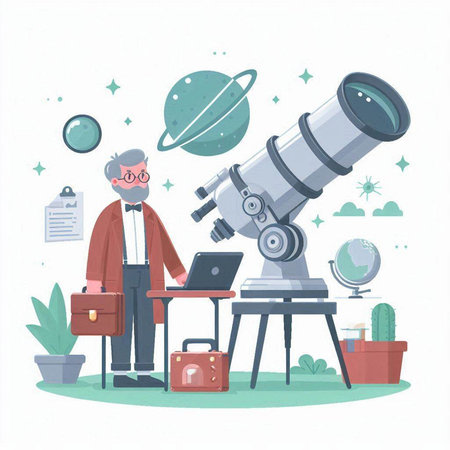 Vector illustration of a scientist using a telescope. Flat style design.のイラスト素材