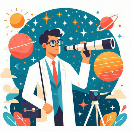 Astronaut with telescope. Vector illustration in flat cartoon style.のイラスト素材