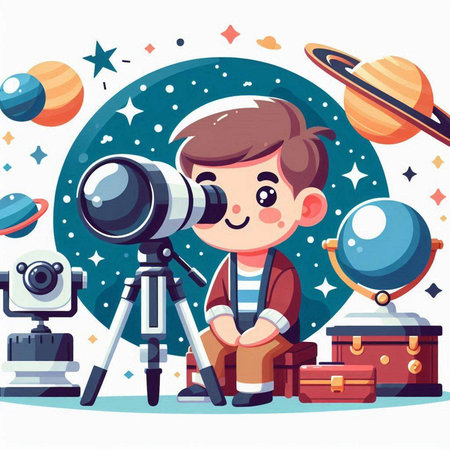 Cute little boy looking through telescope. Vector illustration in cartoon styleのイラスト素材