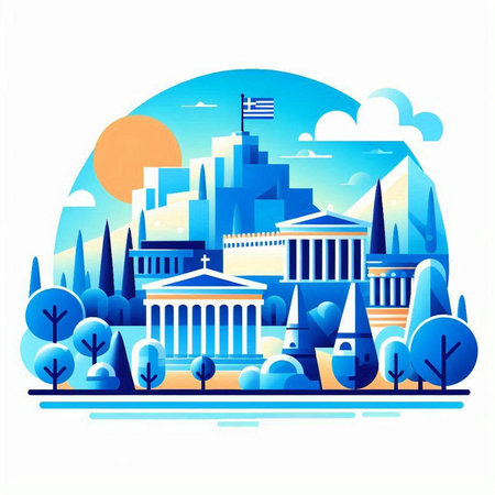 Athens Greece city skyline with famous buildings and trees, vector illustrationのイラスト素材