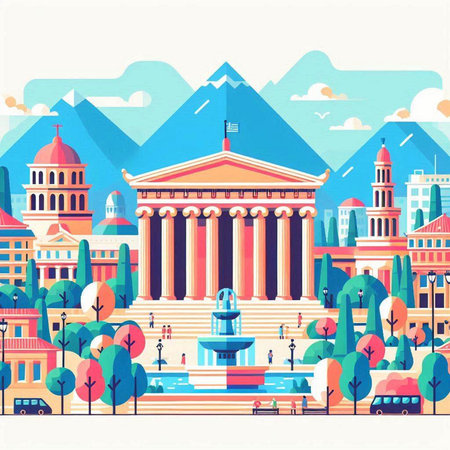 City landscape with famous buildings. Vector illustration in flat design style.のイラスト素材
