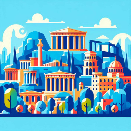 Vector illustration of Athens Greece cityscape with famous landmarks and monuments.のイラスト素材